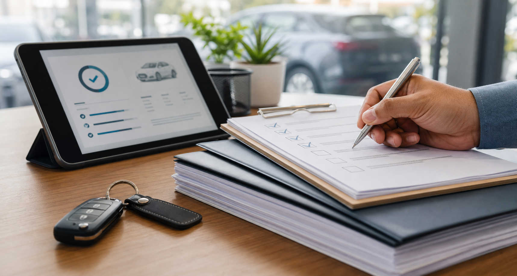 Proceso de evaluación de préstamo con documentos y llaves de auto